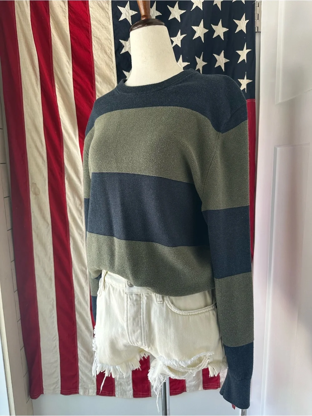 J.Crew Factory Navy & Green Wide Striped Crewneck Knit Sweater M unisex